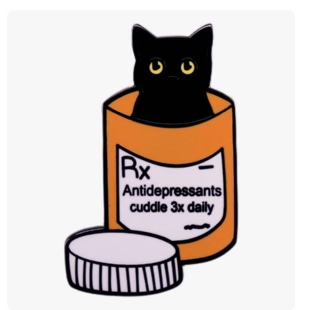 Antidepressants Cuddle 3x Daily Cat Enamel Pin - Black & Orange